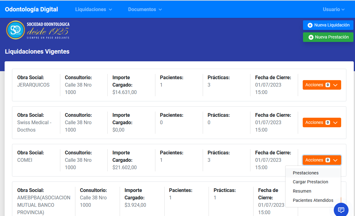 Vista liquidaciones abiertas